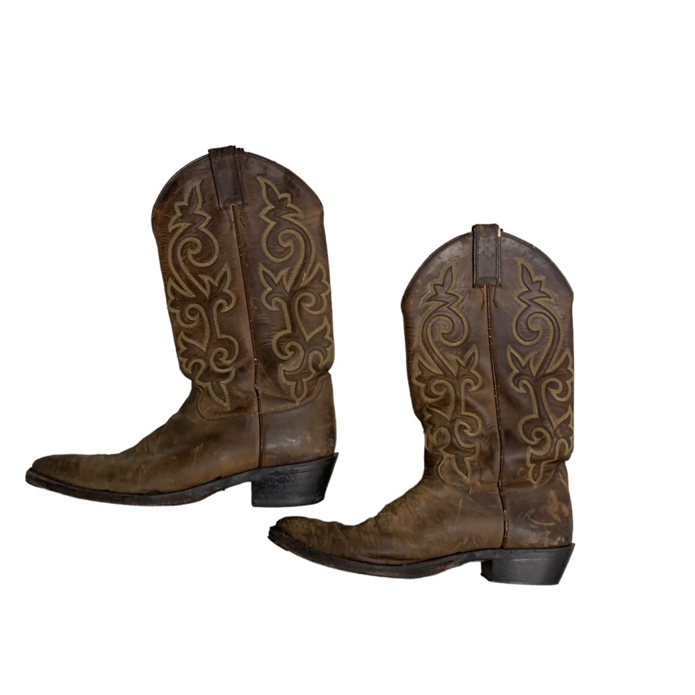 JUSTIN MEN'S BUCK BROWN ROUND TOE WESTERN BOOTS cowboy shoes size 9.5 leather - Picture 3 of 8